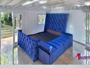 Blue Sleigh Bed with Ottoman