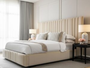 Channel Tufted Upholstered Bed - Light Beige | Allybrite